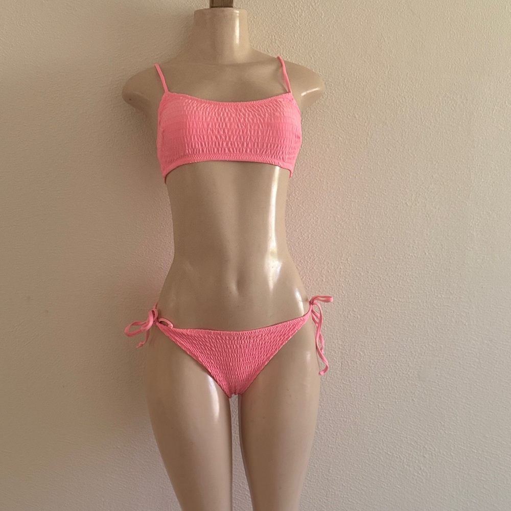 Pink Smocked Bikini Set - tie side Women Swim S